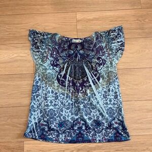 Blue Graphic Top Floral Detail Embellished Rhinestones Women M Fairy Boho‎ Artsy